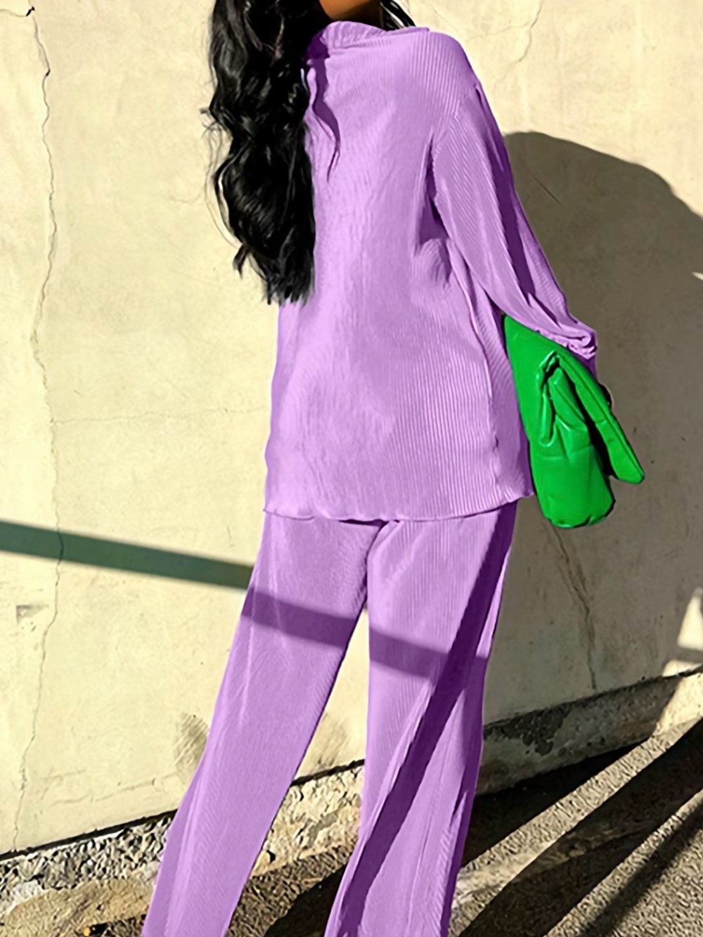 Purple Lilac Pleated Two Piece Set Wide Leg Pants Button Up Top Size S
